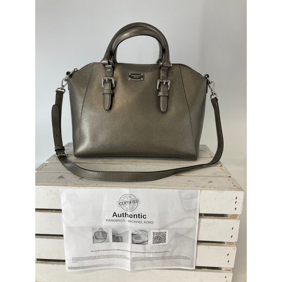 MICHAEL KORS, PUTER METALIC SAFFIANO LEATHER CROSSBODY BAG - Picture 1 of 16